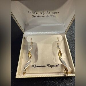 14K Gold Over Sterling Silver Crystal Swirl Earrings. 2” Long. Stunning. New